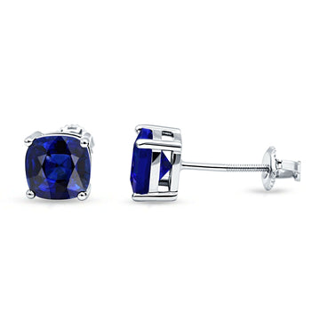 Solitaire Screw Back Stud Earring Excellent Cushion Cut Simulated Blue Sapphire CZ Solid 925 Sterling Silver